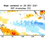 Pacific sea surface temperature anomalies in degrees Celsius for the week centred on Dec. 29, 2021. (CPC.ncep.noaa.gov)
