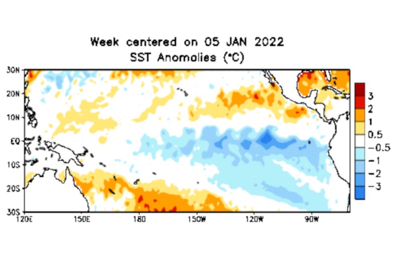 Sea surface temperature anomalies over the equatorial Pacific Ocean for the week centred on Jan. 5, 2022. (CPC.ncep.noaa.gov)
