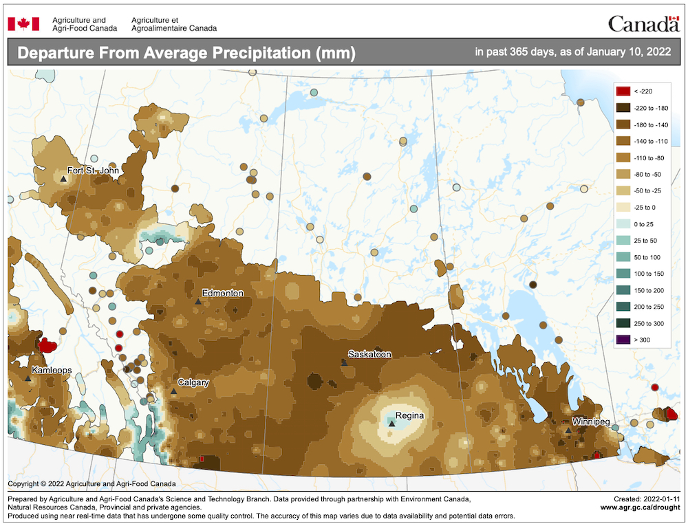 This map shows the departure from average precipitation across the Prairies in 2021. What jumps out is how few blue or above-average areas there were. The driest region stretched in an arc from southern Alberta through north-central Saskatchewan and into southern Manitoba.