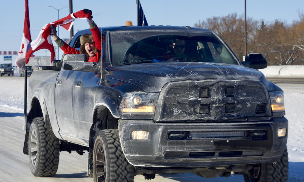 Participants of a cross-Canada convoy protesting vaccine mandates for truckers at the international border reaches Brandon Jan. 25.