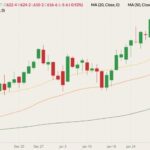 CBOT March 2022 corn (candlesticks) with 20-, 50- and 100-day moving averages (yellow, orange and dark green lines). (Barchart)
