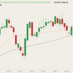 ICE May 2022 canola (candlesticks) with 20- and 50-day moving averages (yellow and dark green lines). (Barchart)

