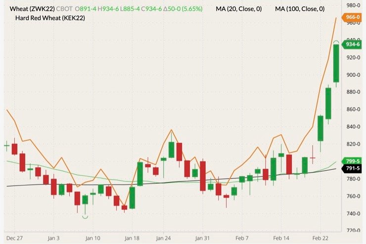 CBOT May 2022 wheat (candlesticks) with 20- and 100-day moving averages (green and black lines) and K.C. May 2022 wheat (orange line). (Barchart)
