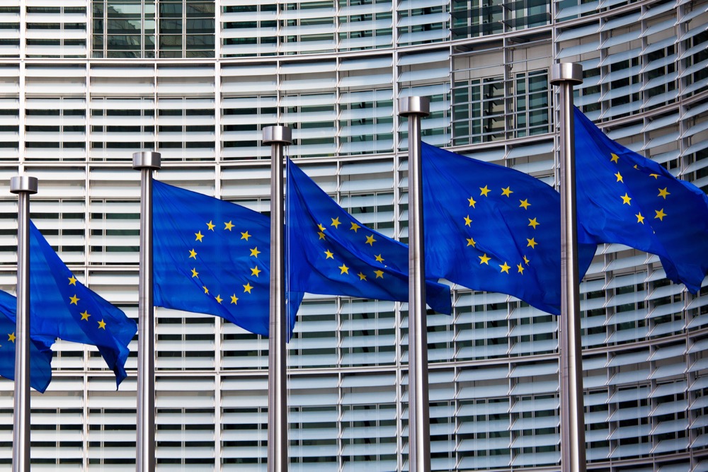 EU flags in front of the headquarters of the European Commission in Brussels. (Jorisvo/iStock/Getty Images)
