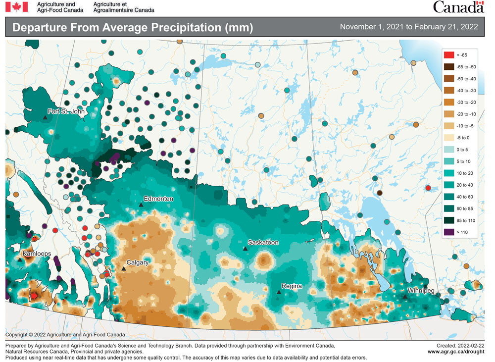 This map shows the amount of precipitation that has fallen across the Prairies as a departure from average so far this winter (Nov. 1 to Feb. 21). You can see the dominant storm track running from northern Alberta southeastward into southern Manitoba. Areas along and to the north of this track have seen above-average precipitation with amounts ranging from 40 to over 100 mm more than average. South of this storm track, precipitation has been below average, especially over south-central Alberta and western Manitoba.