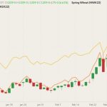 CBOT May 2022 wheat (candlesticks) with K.C. May 2022 wheat (orange line) and MGEX May 2022 spring wheat (yellow line). (Barchart)
