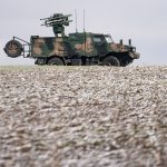 A POPRAD close air defence vehicle is parked in a field near Poland’s southeastern border with Ukraine on Feb. 28.