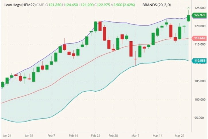 CME June 2022 lean hogs (candlesticks) with Bollinger bands (20,2). (Barchart)
