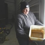 Saskia Reutter shows a sample of pea cream.