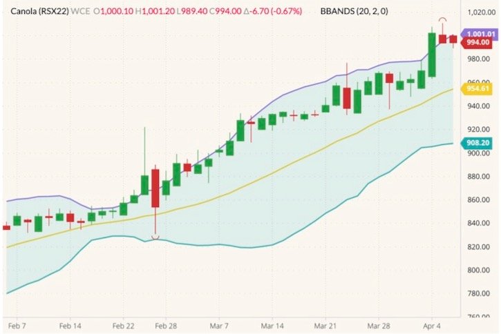 ICE November 2022 new-crop canola (candlesticks) with Bollinger bands (20,2). (Barchart)
