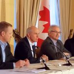 Then-federal Agriculture Minister Gerry Ritz (second from right) announces G3’s plan to take a majority stake in CWB in April 2015 in Winnipeg. (Dave Bedard photo)