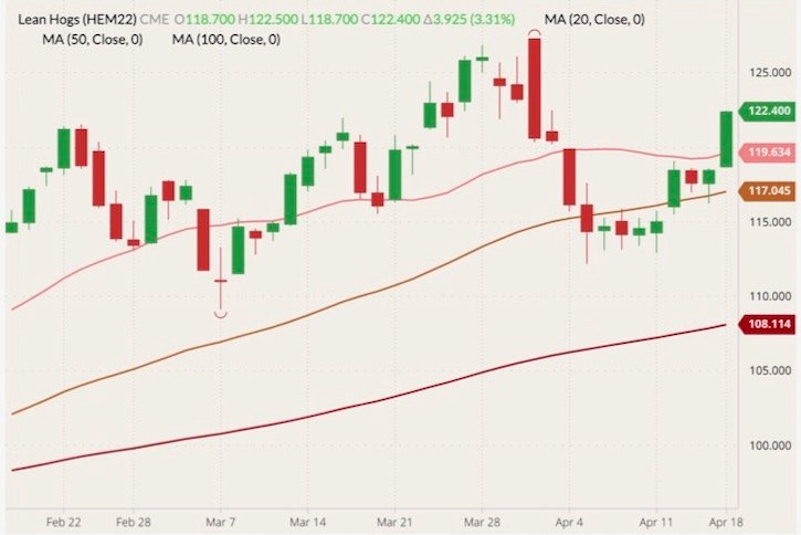 CME June 2022 lean hogs (candlesticks) with 20-, 50- and 100-day moving averages (pink, brown and dark red lines). (Barchart)
