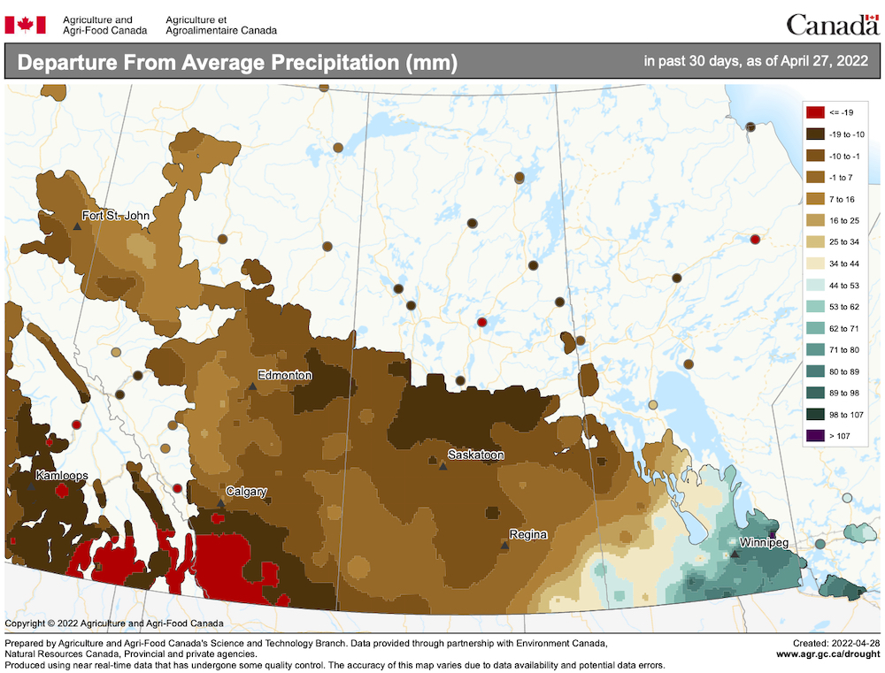This map shows the amount of precipitation that fell across the Prairies during the 30-day period ending April 27 as a departure from the long-term average. You can see how the weather pattern has switched, with the main flow of moisture now coming out of the southwest and mostly impacting southern Manitoba.