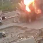 A still image from a video allegedly showing a Russian strike on a grain elevator in Ukraine.