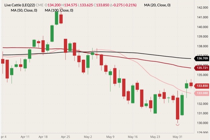 CME August 2022 live cattle (candlesticks) with 20-, 50- and 100-day moving averages (pink, dark red and black lines). (Barchart)
