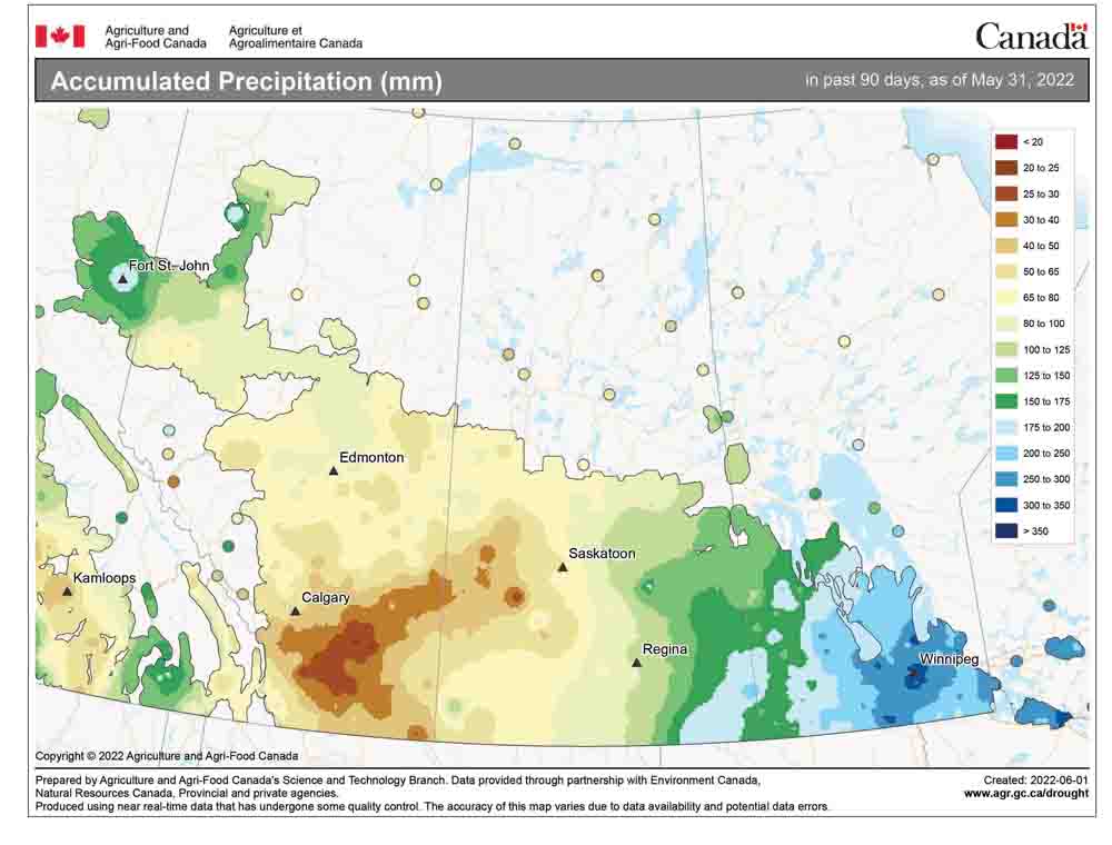 This map shows the total amount of precipitation that fell across the Prairies this spring (March 1 to May 31). The map tells the tale of east versus west, with eastern areas seeing near-record amounts of precipitation, while some western areas have reported near-record dryness.