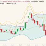 CBOT July 2022 wheat (candlesticks) with Bollinger bands (20,2), MGEX July 2022 spring wheat (yellow line) and K.C. July 2022 hard red wheat (orange line). (Barchart)
