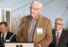 Bruce Campbell speaks at the grand opening of the Bruce D. Campbell Farm and Food Discovery Centre on September 16, 2011.