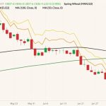 CBOT September 2022 wheat (candlesticks) with 50- and 100-day moving averages (black and dark green lines), MGEX September 2022 spring wheat (yellow line) and K.C. September 2022 hard red wheat (orange line). (Barchart)
