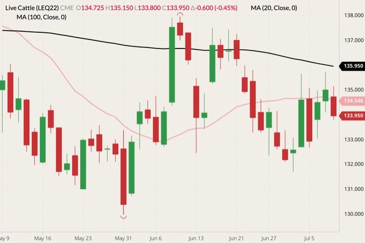CME August 2022 live cattle (candlesticks) with 20- and 100-day moving averages (pink and black lines). (Barchart)
