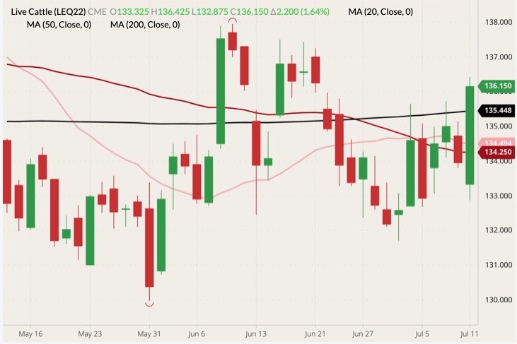 CME August 2022 live cattle (candlesticks) with 20-, 50- and 200-day moving averages (pink, dark red and black lines). (Barchart)
