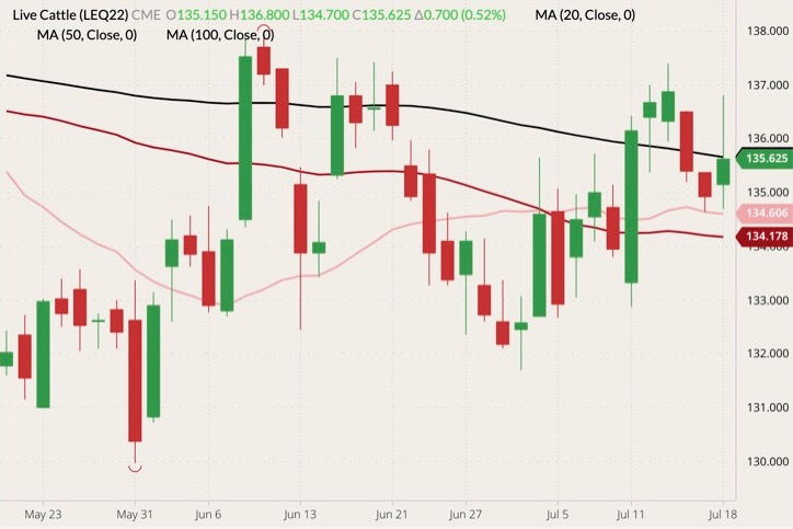 CME August 2022 live cattle (candlesticks) with 20-, 50- and 100-day moving averages (pink, dark red and black lines). (Barchart)
