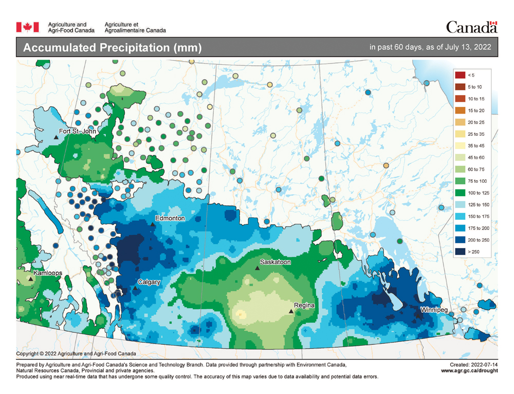 This issue’s map shows the total accumulated precipitation over the 60-day period ending July 13. It’s not the typical precipitation map for this time of the year, as both Manitoba and Alberta received large amounts of rainfall, while Saskatchewan missed out.