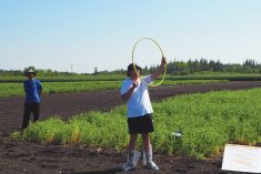 Terry Buss of Manitoba Agriculture talks about the importance of plant counts at the Prairies East Sustainable Agriculture Initiative (PESAI) Crop Diversification Centre field day July 26.