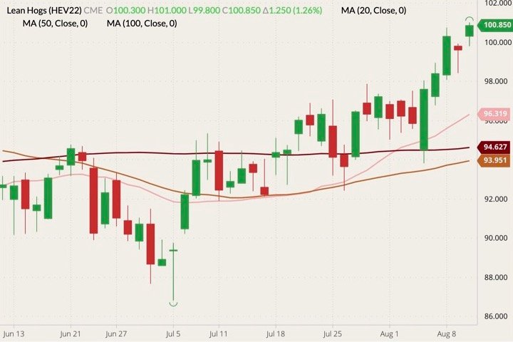 CME October 2022 lean hogs (candlesticks) with 20-, 50- and 100-day moving averages (pink, brown and dark red lines). (Barchart)
