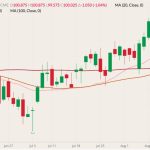 CME October 2022 lean hogs (candlesticks) with 20-, 50- and 100-day moving averages (pink, brown and dark red lines). (Barchart)
