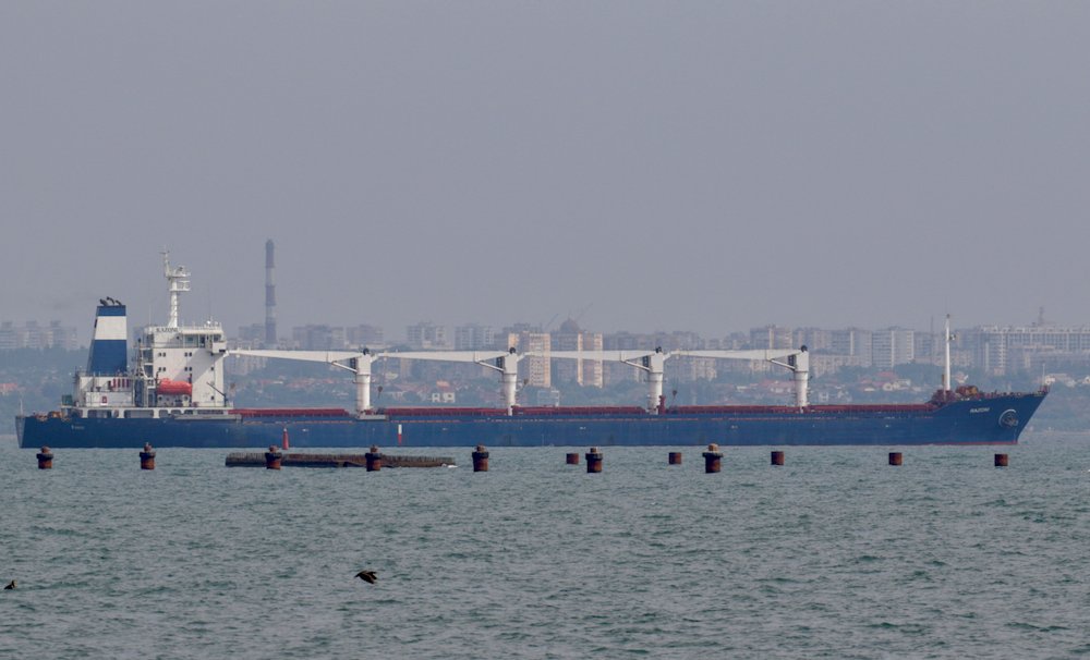 The Sierra Leone-flagged grain ship Razoni leaves the sea port in Odesa amid Russia’s attack on Ukraine, August 1, 2022. It was turned away by its buyer in Lebanon on August 9, citing delayed shipment to its previously agreed upon terms.