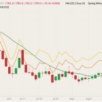 CBOT December 2022 wheat (candlesticks) with 20-day moving average (green line), MGEX December 2022 spring wheat (yellow line) and K.C. December 2022 hard red wheat (orange line). (Barchart)
