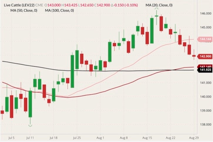 CME October 2022 live cattle (candlesticks) with 20-, 50- and 100-day moving averages (pink, dark red and black lines). (Barchart)
