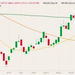 CBOT December 2022 corn (candlesticks) with 20-, 50- and 100-day moving averages (yellow, orange and dark green lines). (Barchart)
