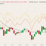 CBOT December 2022 wheat (candlesticks) with 20-day moving average (green line), MGEX December 2022 spring wheat (yellow line) and K.C. December 2022 hard red wheat (orange line). (Barchart)
