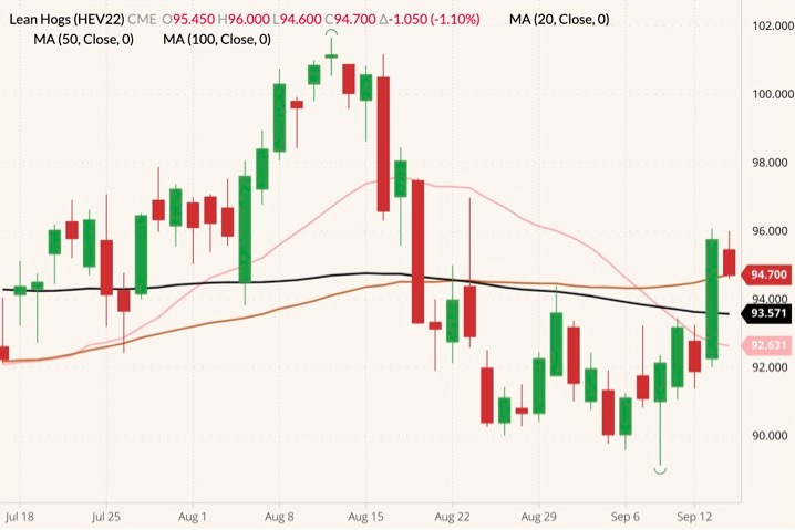CME October 2022 lean hogs (candlesticks) with 20-, 50- and 100-day moving averages (pink, brown and black lines). (Barchart)
