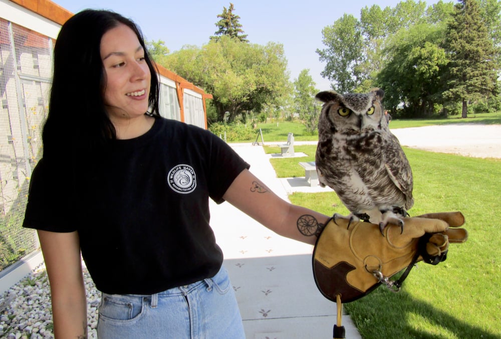 Intern Latasha Spence holds Griffin, a great horned owl ambassador.