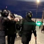 Security forces detain a demonstrator during a protest on Sept. 21, 2022 in St. Petersburg against a mobilization of reservists ordered by Russian President Vladimir Putin. (Social media video screengrab obtained by Reuters)
