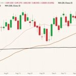CME December 2022 live cattle (candlesticks) with 20-, 50- and 100-day moving averages (pink, brown and black lines). (Barchart)
