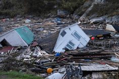 Wrecked structures float in the water in the aftermath of Hurricane Fiona at Rose Blanche, N.L., about 45 km east of Port aux Basques, on Sept. 25, 2022. (Photo: Reuters/John Morris)