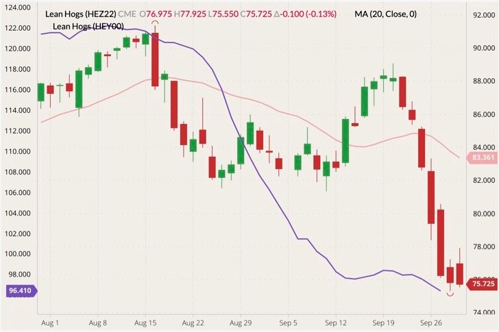 CME December 2022 lean hogs (candlesticks) with 20-day moving average (pink line, right column) and CME cash Lean Hog Index (purple line, left column). (Barchart)
