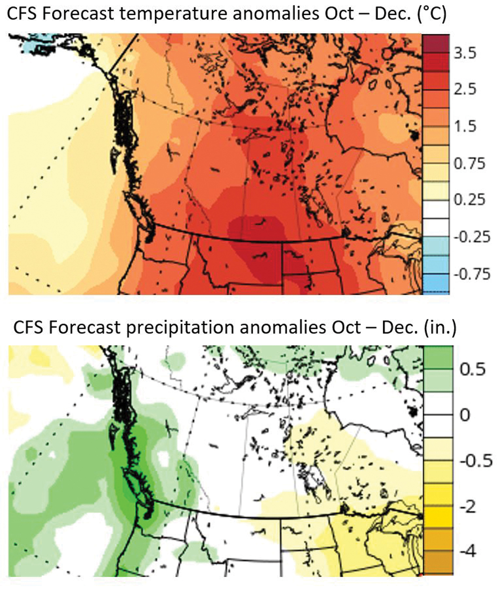This map shows the CFS model’s three-month temperature and precipitation anomaly forecast for October through December. According to this forecast, it looks to be a warmer-than-average period with near to slightly below-average precipitation.