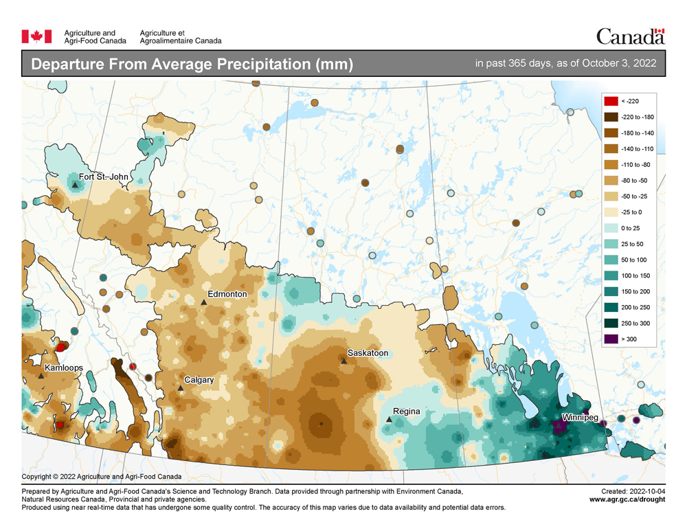 This map shows the departure from average precipitation over the last year (365 days) ending on October 3rd.  Looking at the map you can quickly see that the largest departures from average on the wet side of things are over southern Manitoba, particularly around Winnipeg and areas to the east.  Most of Saskatchewan and Alberta have seen drier-than-average conditions, with the driest region being to the west of Regina.