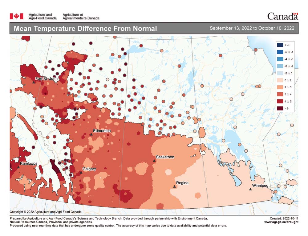 Taking a break from precipitation maps, here&rsquo;s a look at the departure-from-average temperatures across the Prairies during the 30-day period ending Oct. 10. All regions reported above-average temperatures, with the warmest regions found under the centre of the upper- level ridge in Alberta. This region saw temperatures ranging from 2 to 5 C warmer than average.