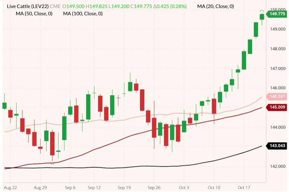 CME October 2022 live cattle (candlesticks) with 20-, 50- and 100-day moving averages (pink, dark red and black lines). (Barchart)

