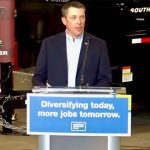 Nate Horner, shown here speaking Oct. 4, 2022 at Southland Trailers at Lethbridge, was named Oct. 21 as Alberta’s minister of agriculture and irrigation. (Alberta government video screengrab via YouTube)