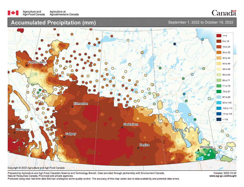 This map shows the total amount of precipitation that has fallen across the Prairies so far this fall (Sept. 1 to Oct. 19). It has been a dry fall across nearly all of Alberta and Saskatchewan, thanks to a persistent ridge of high pressure. Amounts in these regions were generally less than 25 mm. In Manitoba, amounts increase rapidly as you move eastward, with areas to the south and east of Winnipeg receiving upward of 100 mm.