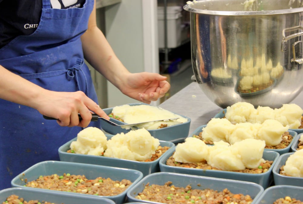 Lentil-based shepherd’s pie being prepared for the children.