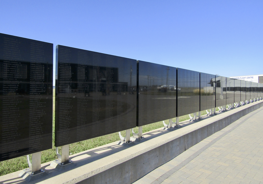 The RCAF memorial wall commemorates the more than 19,000 air service personnel from Canada who lost their lives during the Second World War.
