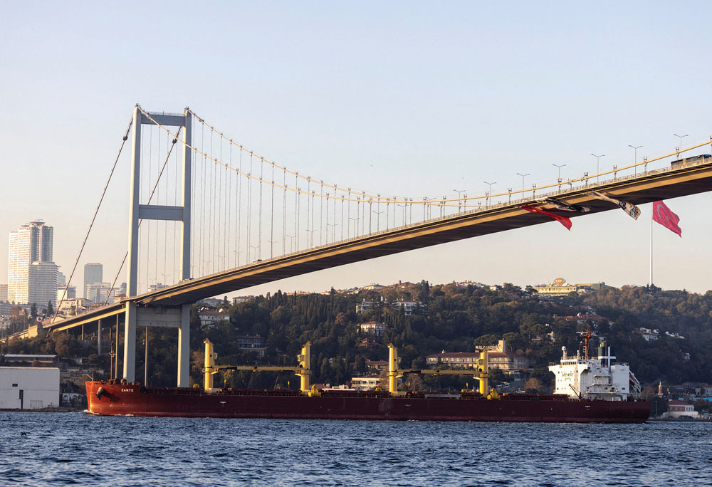 Zante, a cargo vessel carrying Ukrainian grain, transits Bosphorus, in Istanbul, Turkey in this Nov. 2 file photo.